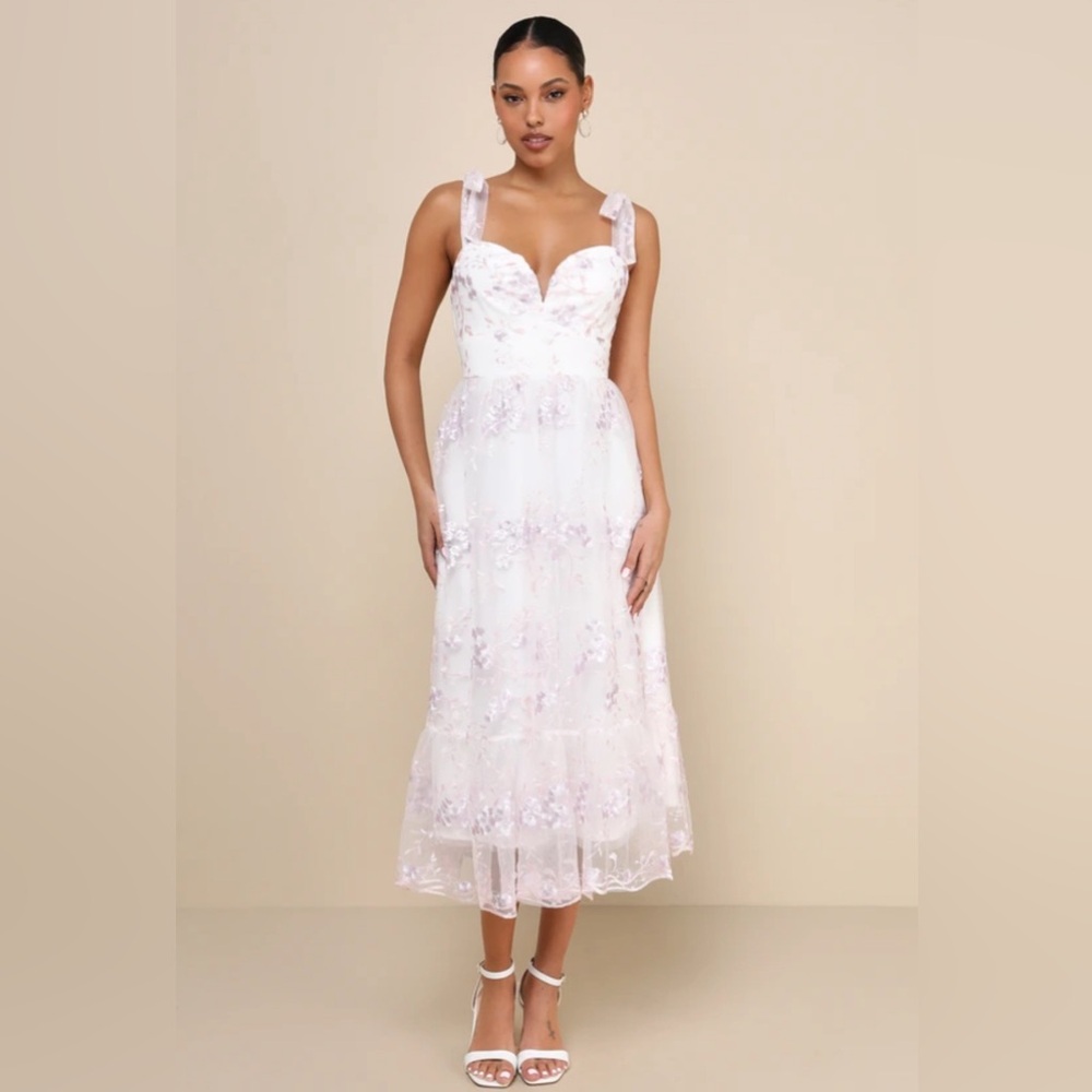 Lulu’s Distinctly Sweet White Floral Embroidered Tie-Strap Midi Dress.